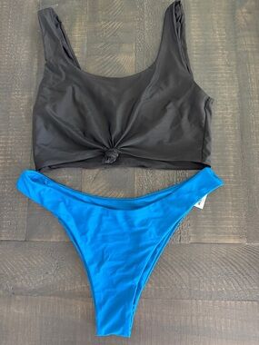 NWT!🥳😘SHEIN Black Knot-Front Swim Top with Bright Blue Bikini Bottom
